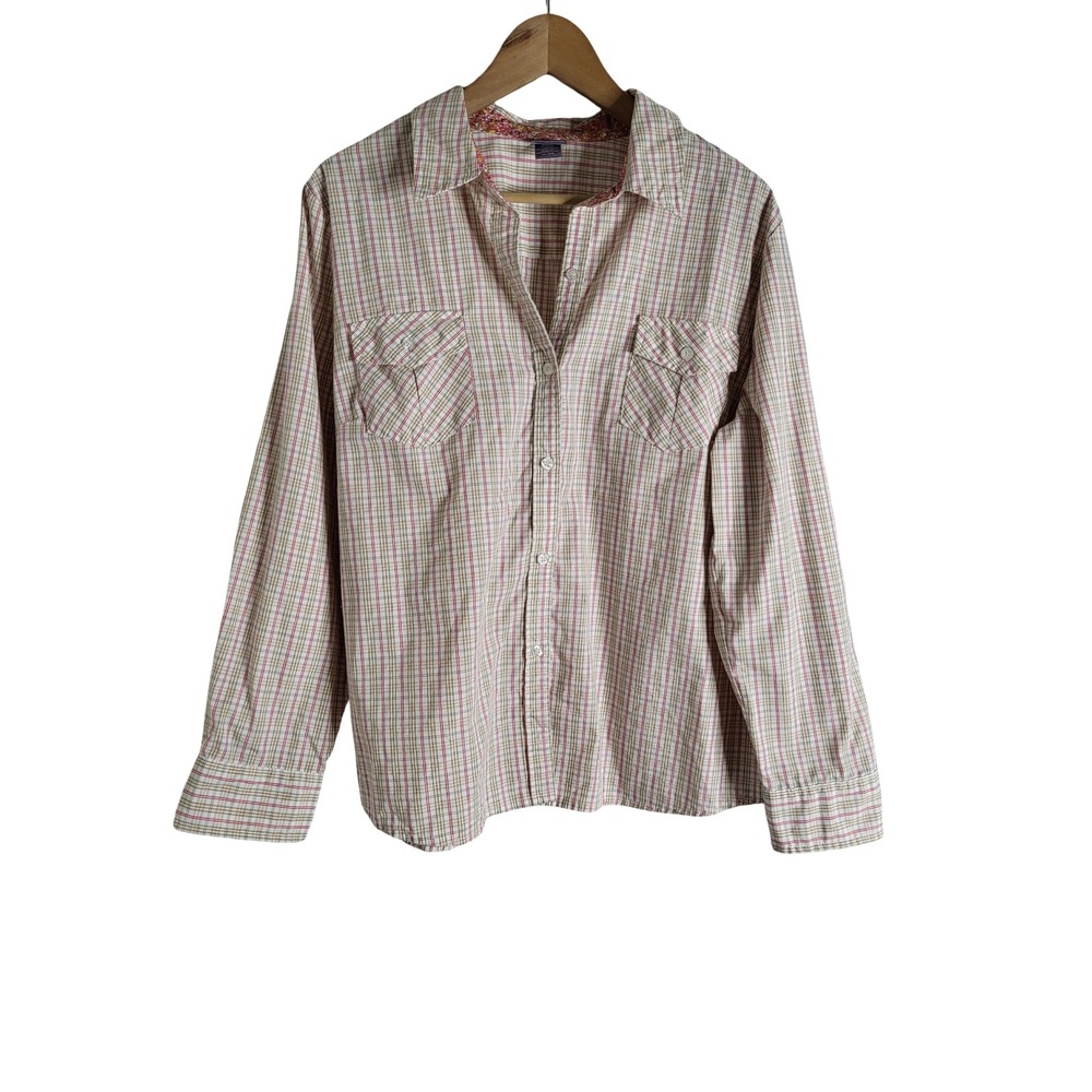 Laura Scott Womens XL Plaid Button Down Shirt Pink Tan Long Sleeve Floral Trim